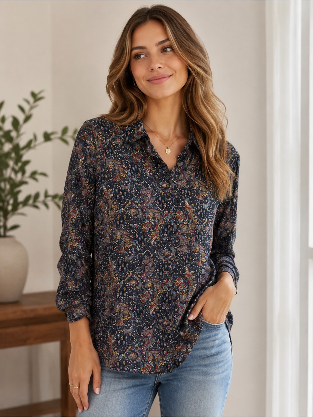 Liz Claiborne Navy Floral Paisley Button-Front Blouse